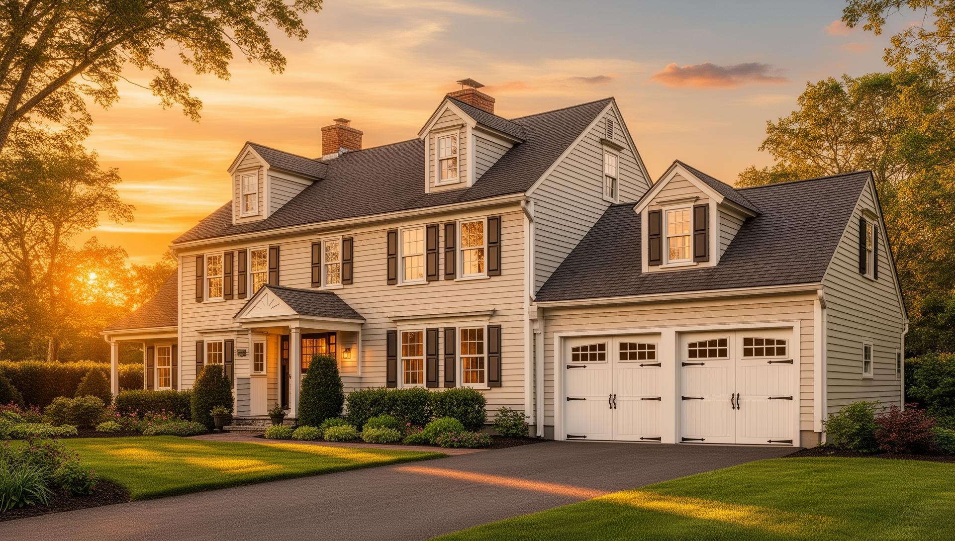 Beautiful home with mid-century modern garage doors at sunset